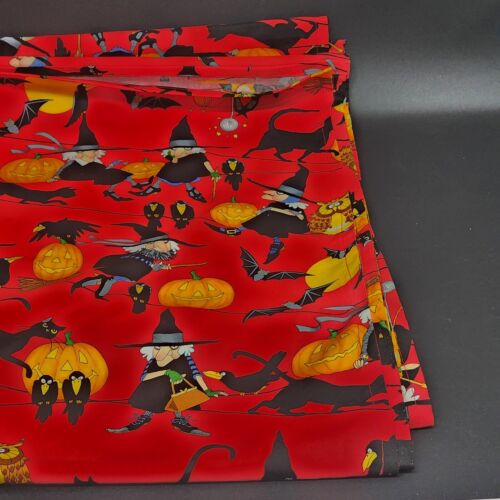 Red Black and Orange Halloween Themed Linen Tablecloth Vintage Witches Cats Bats