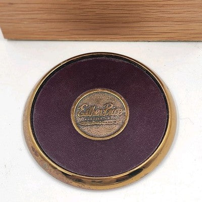 5 Solid Brass and Leather Coasters 4" with Wood Box Esther Price Candies Corp