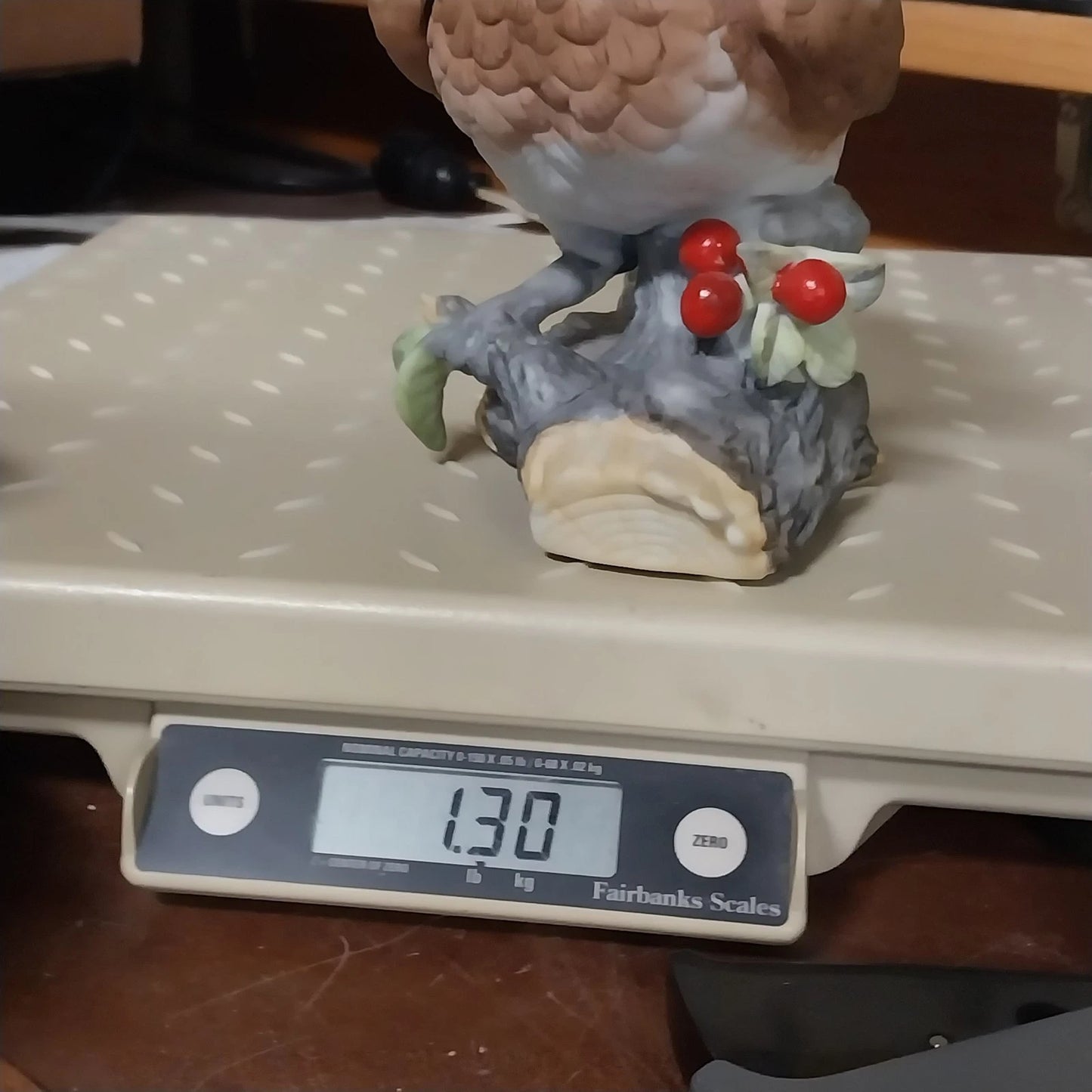 Horned Owl Porcelain Figurine on Log with Holly Red Berries Wildlife Decor 6.5"