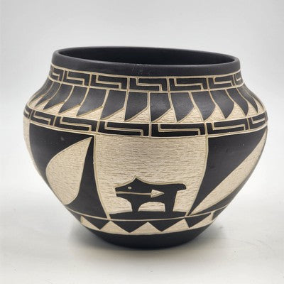 Laguna Pueblo Pottery Vase Bowl 7" Black White Heartline Deer Signed Lucario