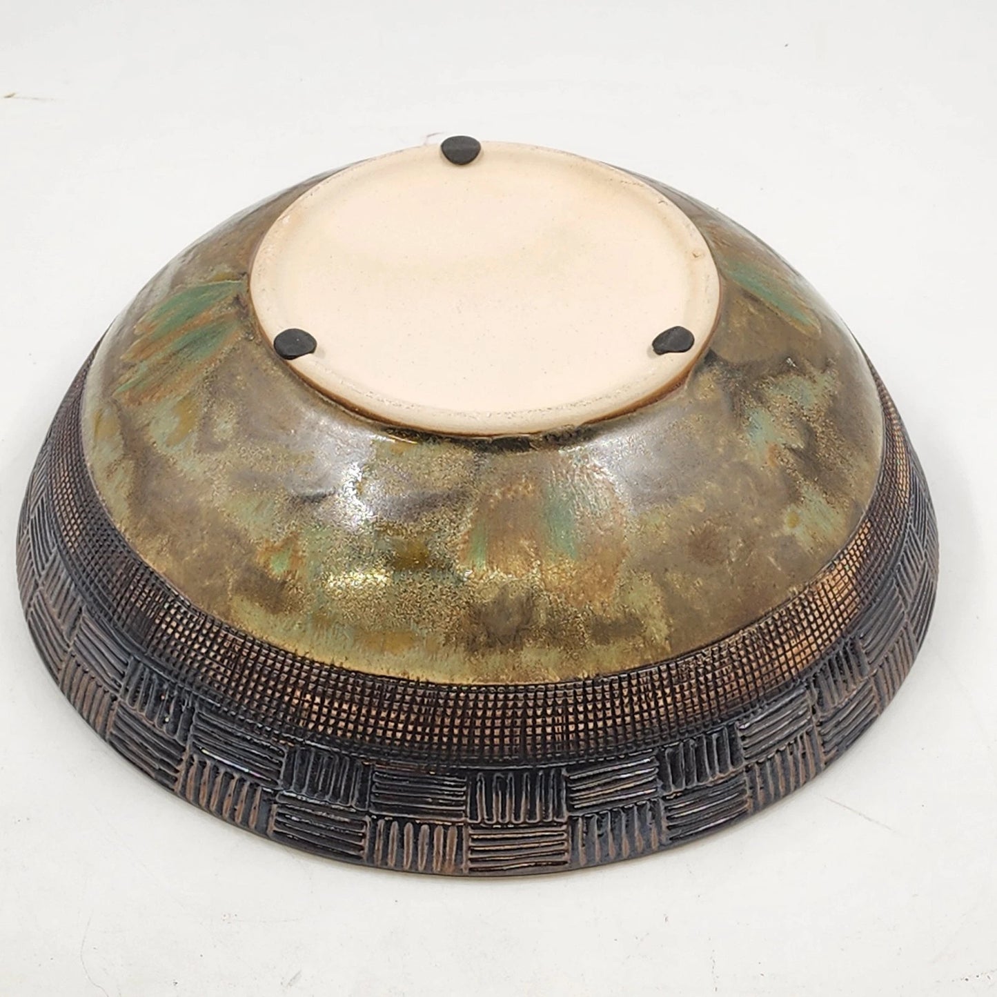 Ochre Green Glazed Pottery Bowl Basket Weave Outer Design Ceramic Lusterware 12"