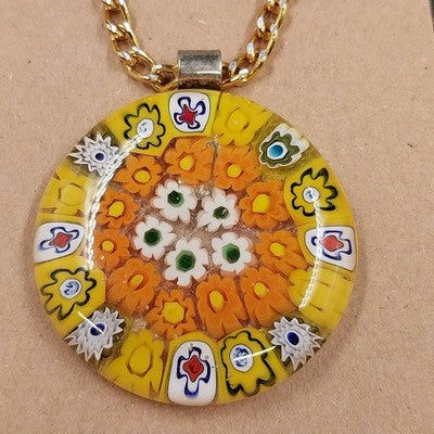 Murano Millefiori Glass Pendant Necklace Gold Tone Chain 22" Vtg Lobster Claw