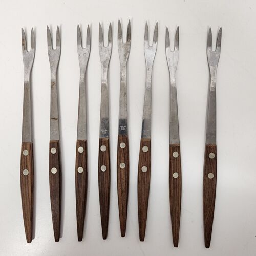 8 pc Fondue Forks Appitizer Serving Stainless Steel Wood MCM Long Handle 1970s