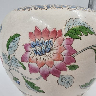 Large Macau Ginger Jar Vase 8"x9.5" Hand Painted Pink Blue Floral White VTG