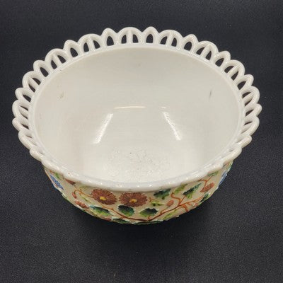 Challinor & Taylor Tree of Life Milk Glass Bowl 8" with a Lace Edge Hand Painted