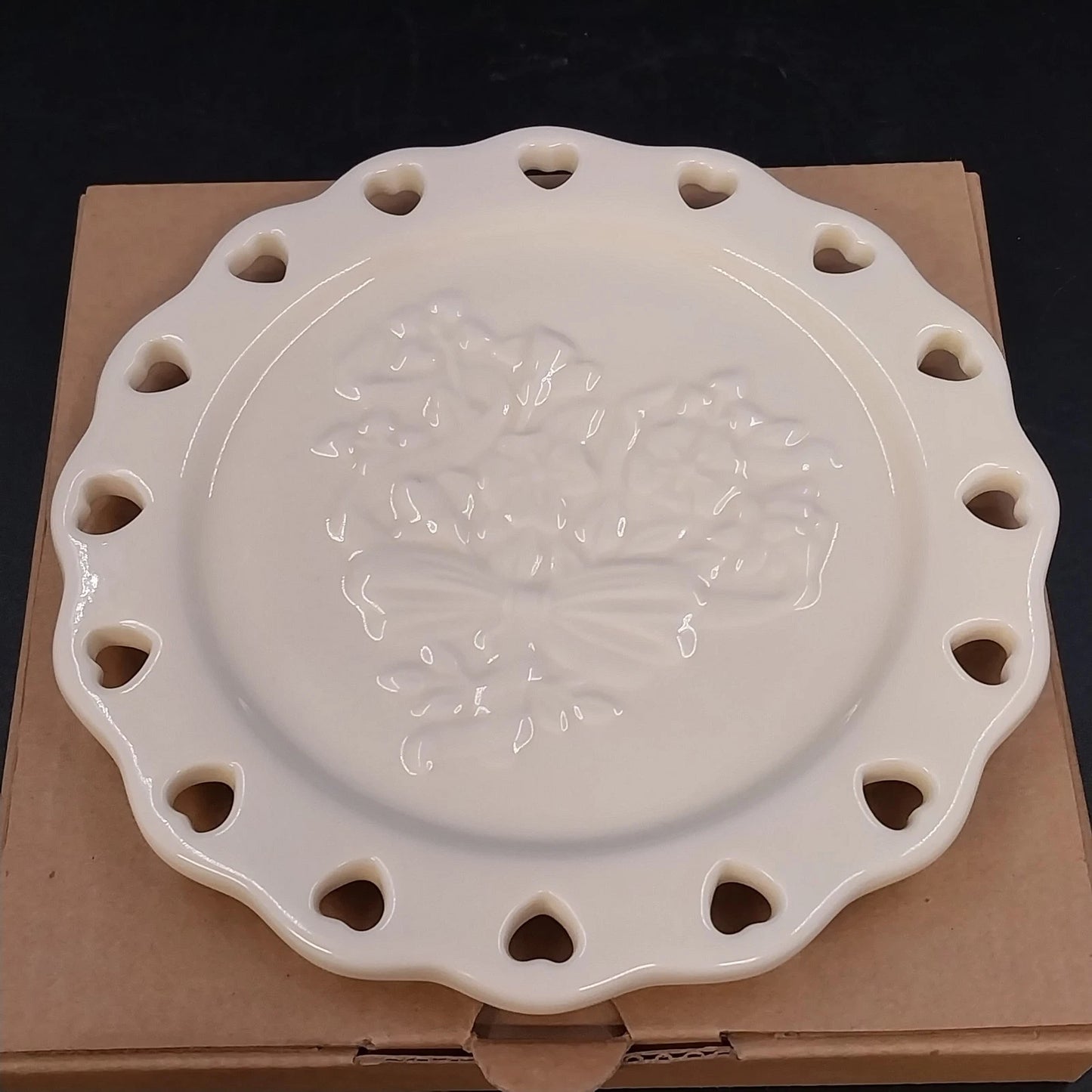 Longaberger Sweetest Heart Candle Plate White Pottery Heart Cutout Floral 6"
