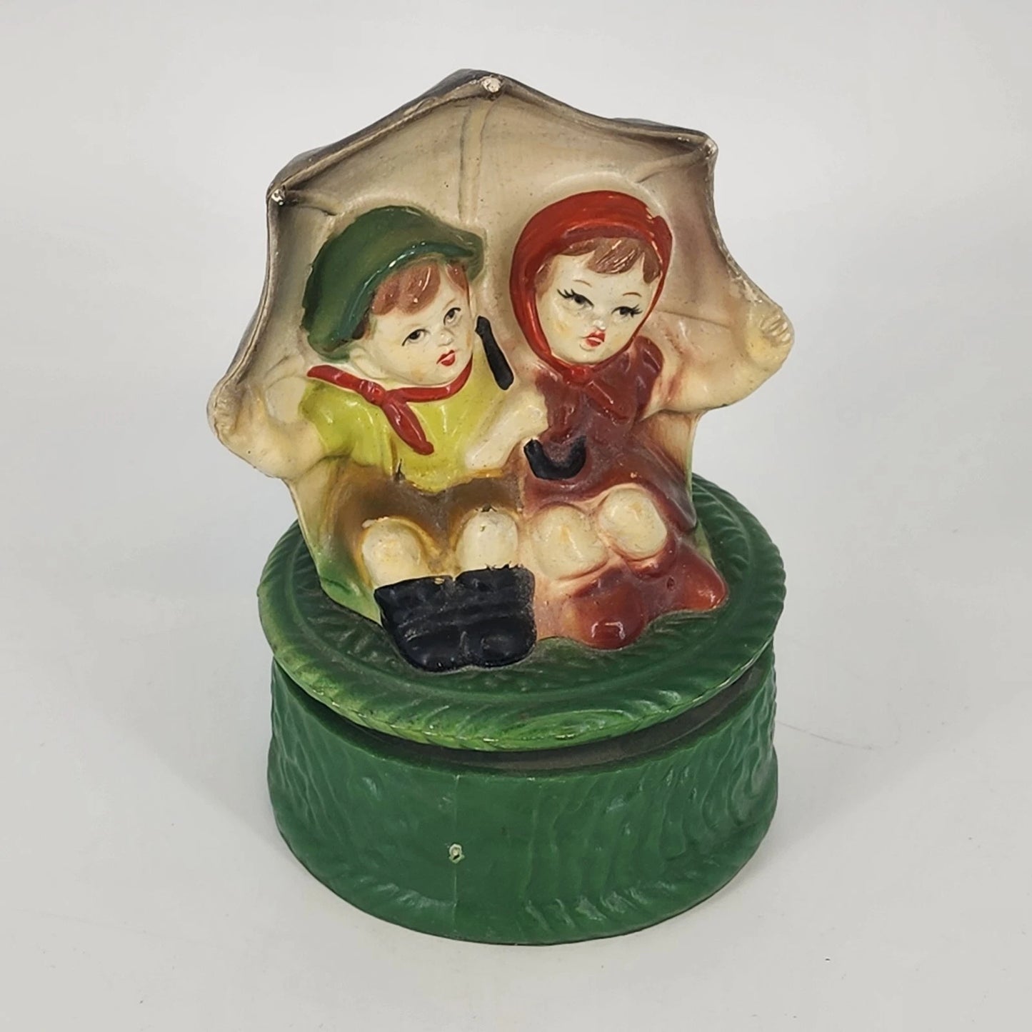 Boy Girl Umbrella Figurine Music Box Rotates Hummel-Style LARA'S THEME Vintage
