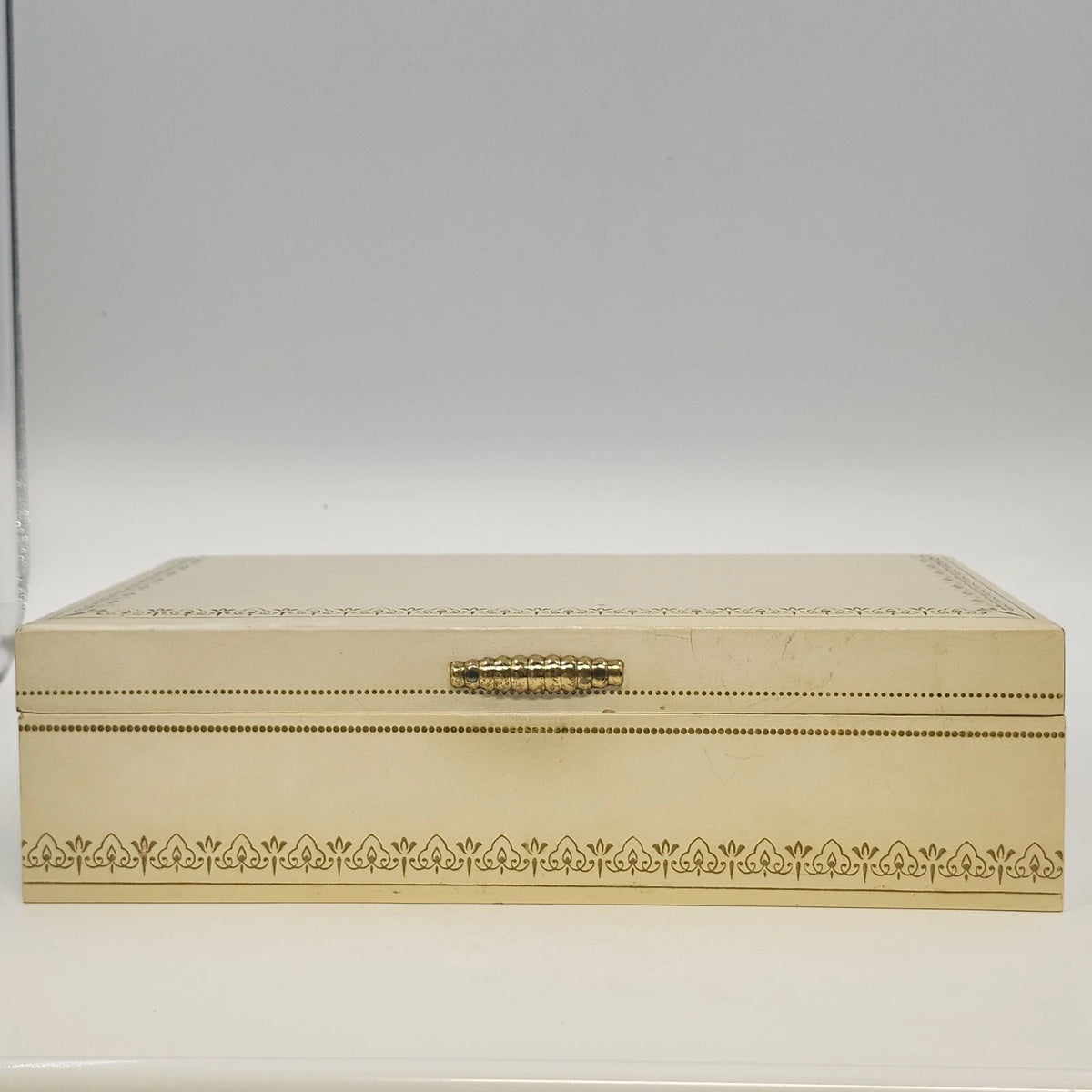Jewelry Trinket Box Cream Gold Filigree Red Velvet Satin Lift Out Tray 12.5" Vtg