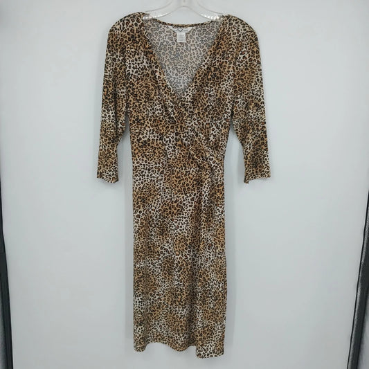 Christine Women's Leopard Faux Wrap Stretch Midi Dress Brown Black XL
