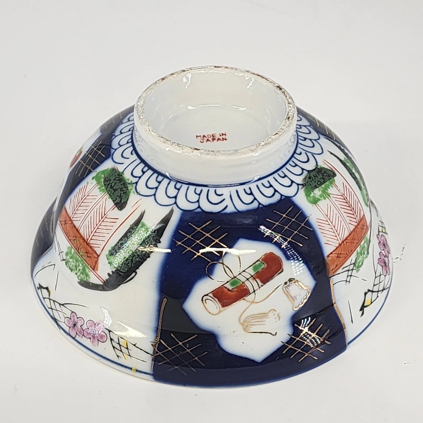 Japanese Imari Covered Rice Bowl Porcelain 6" Hand Painted Cobalt & Rust Vintage