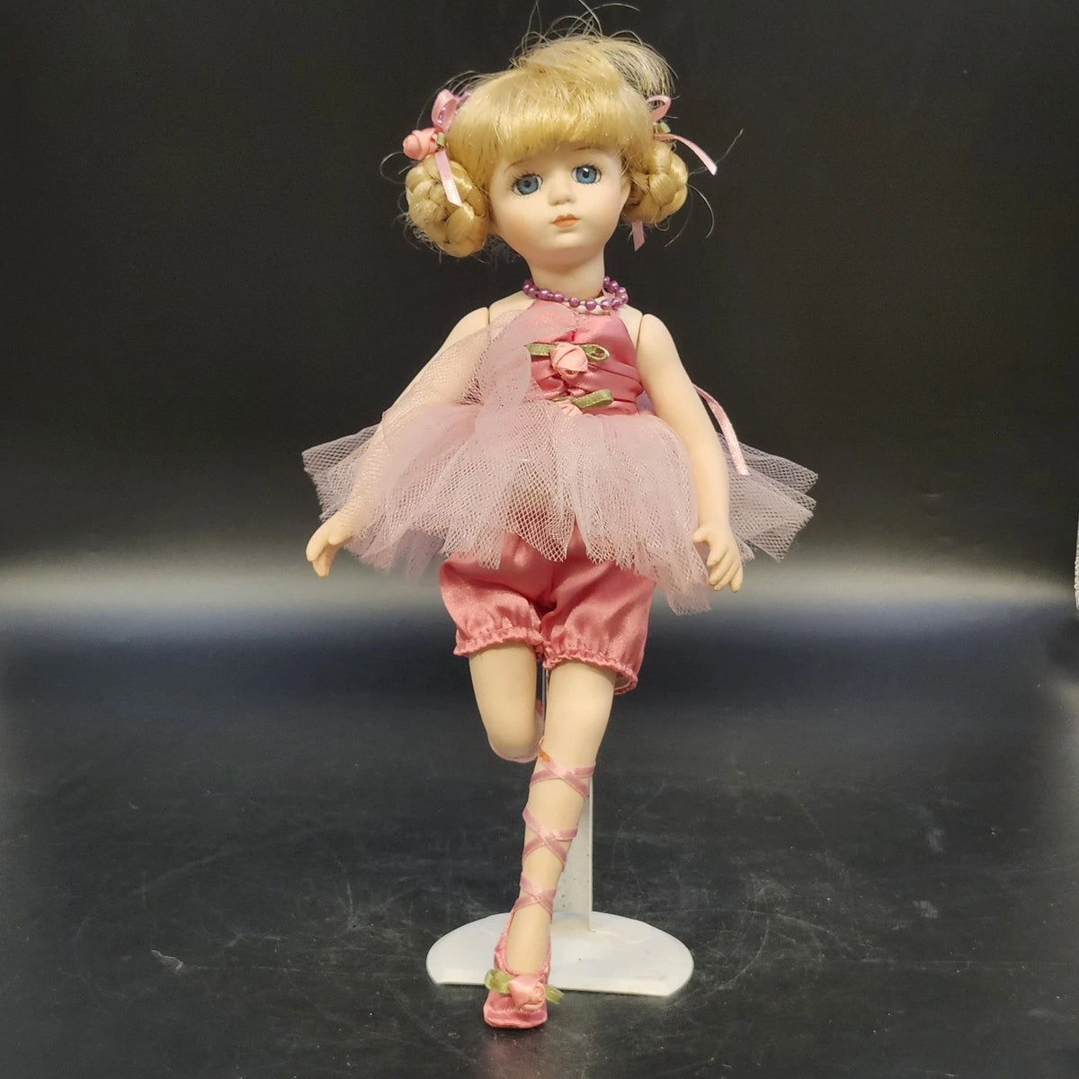 Porcelain Ballerina Doll Blonde Blue Eyes Pink Tutu Shoes Ballet Pose Stand 12"