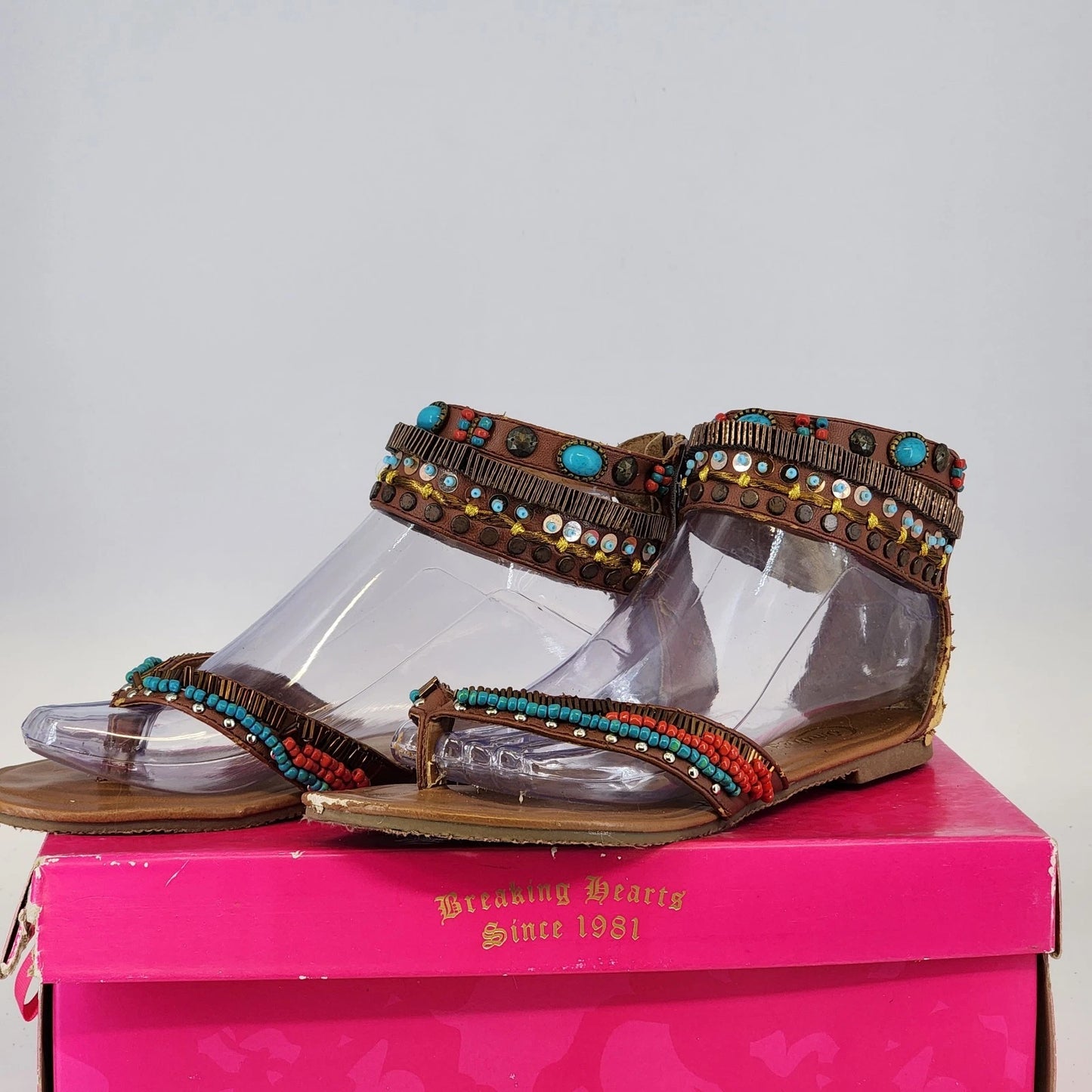 Candies Beaded Sequin Gladiator Sandals Womens 7.5 Brown Zip Boho AS IS