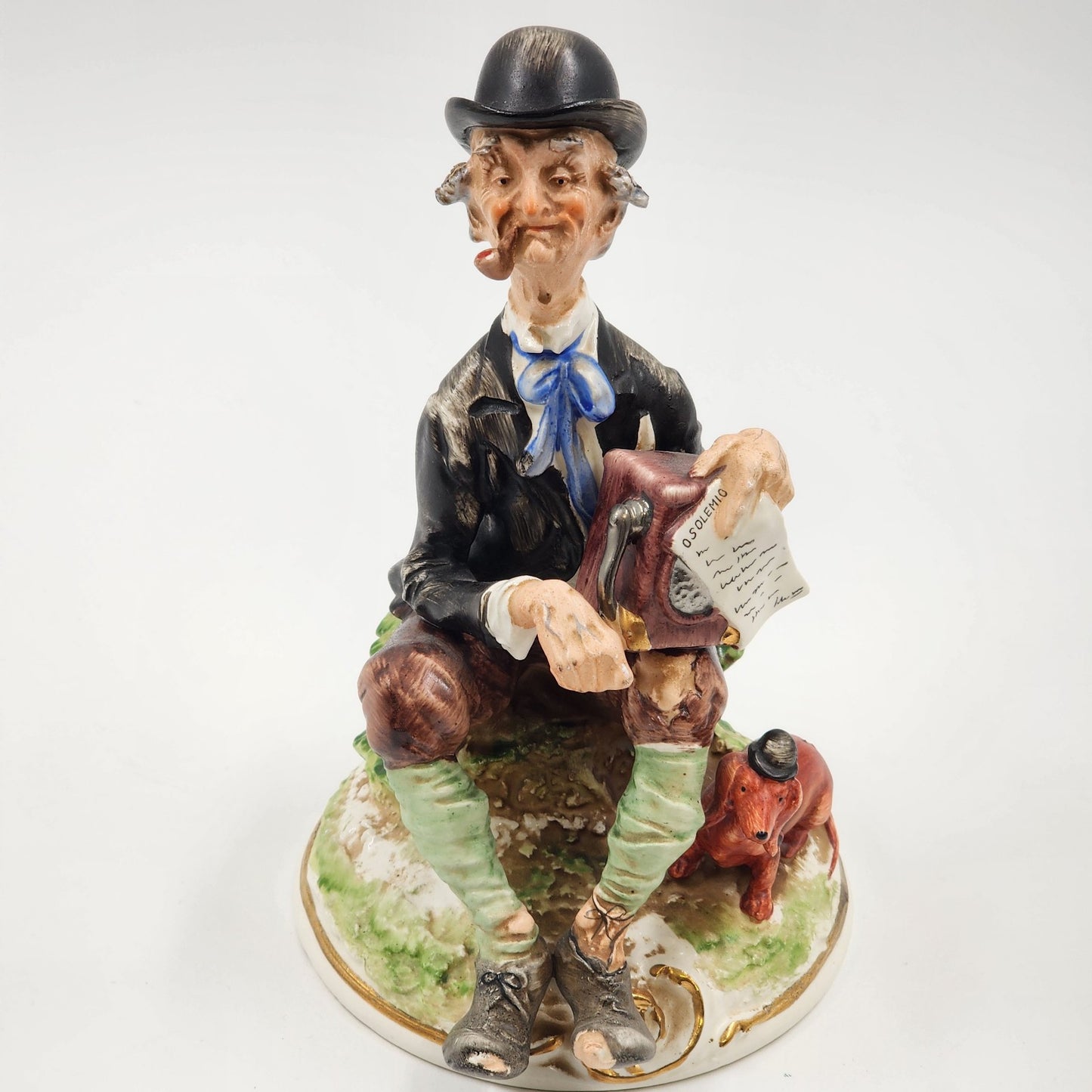 Vintage Giuseppe Cappe Capodimonte Porcelain Figurine – Organ Grinder with Dachshund – Hand-Painted & Signed 1951