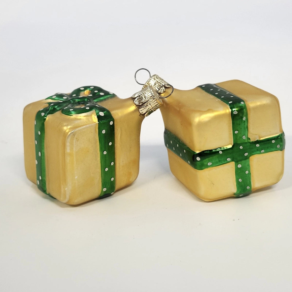 Czech Republic Glass Gift Box Christmas Hanging Ornaments Gold Green Pair 1.5"