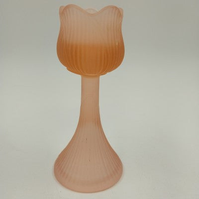 Frosted Glass Light Pink Rose Ribbed Votive Candle Holder 6"