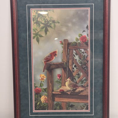 Sweethearts Print with Red Cardinal Bird & Rose Flower by Gregory Clair 20"x29"