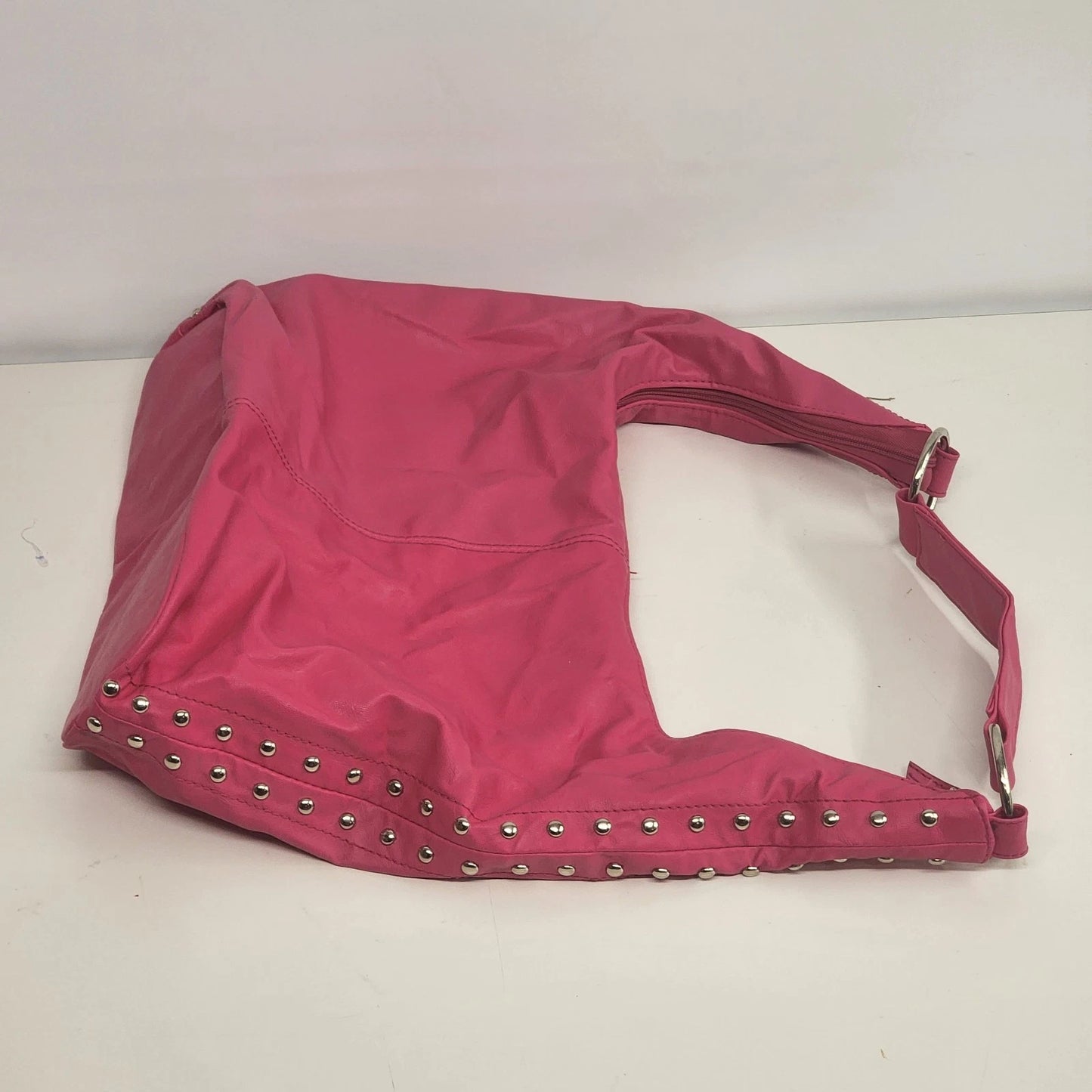 Pink Leather Hobo Bag Studded Hand Shoulder Purse Silver Studs Slouchy 12" Vtg