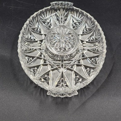 Brilliant Cut Glass Oval Divided Veggie Tray Stars Lines Scallop Edge Center Lid