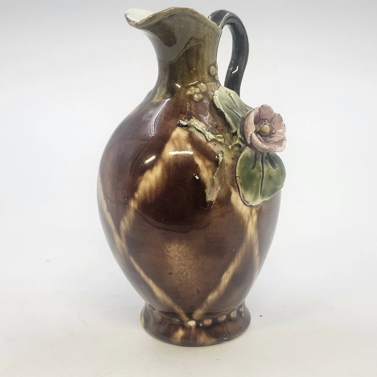 Pottery Pitcher 5" Brown Drip Glaze Hand Applied Floral Art Signed G. Wyand Vtg