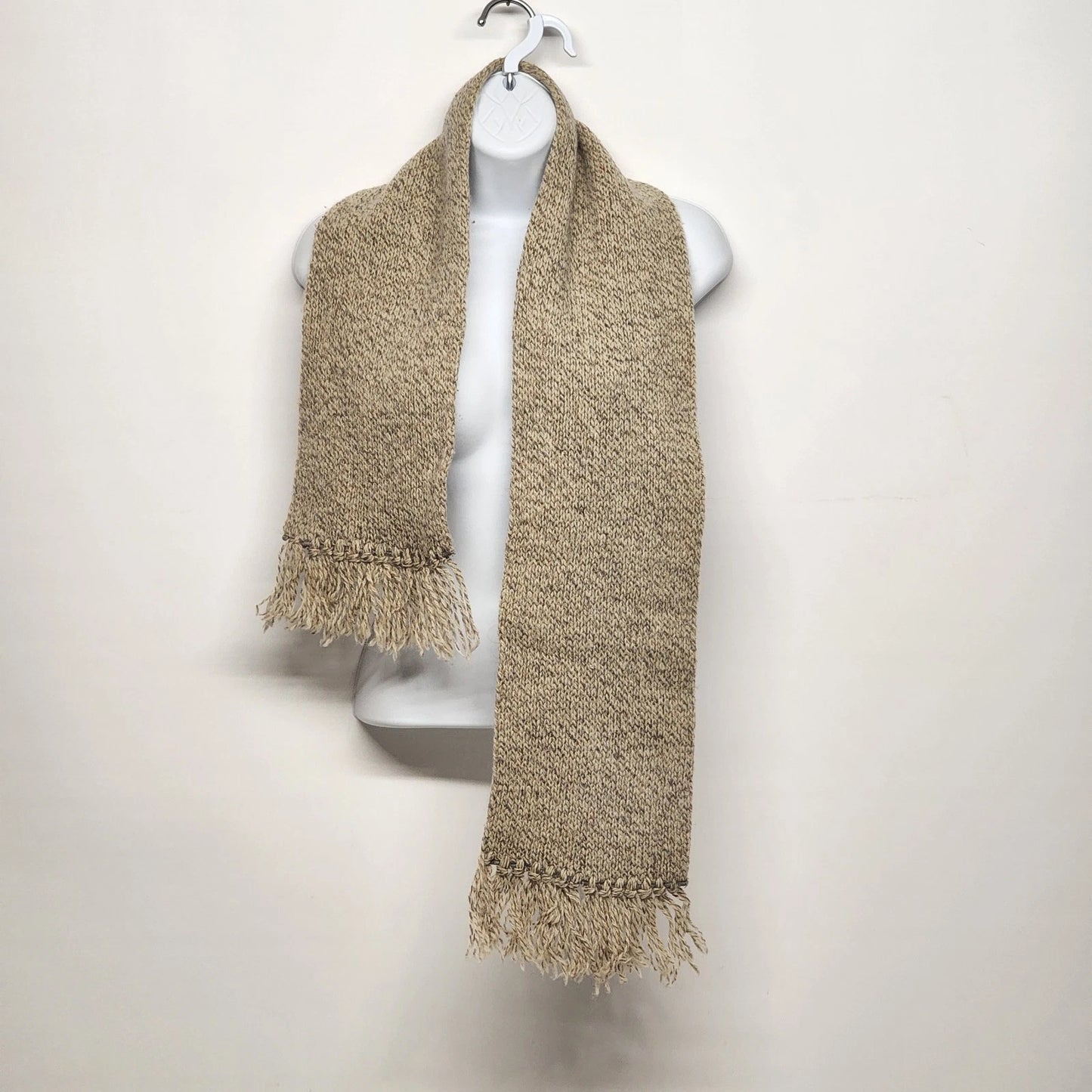 Hand Woven Beige Wool Scarf Knotted Fringe 48x7 Vintage