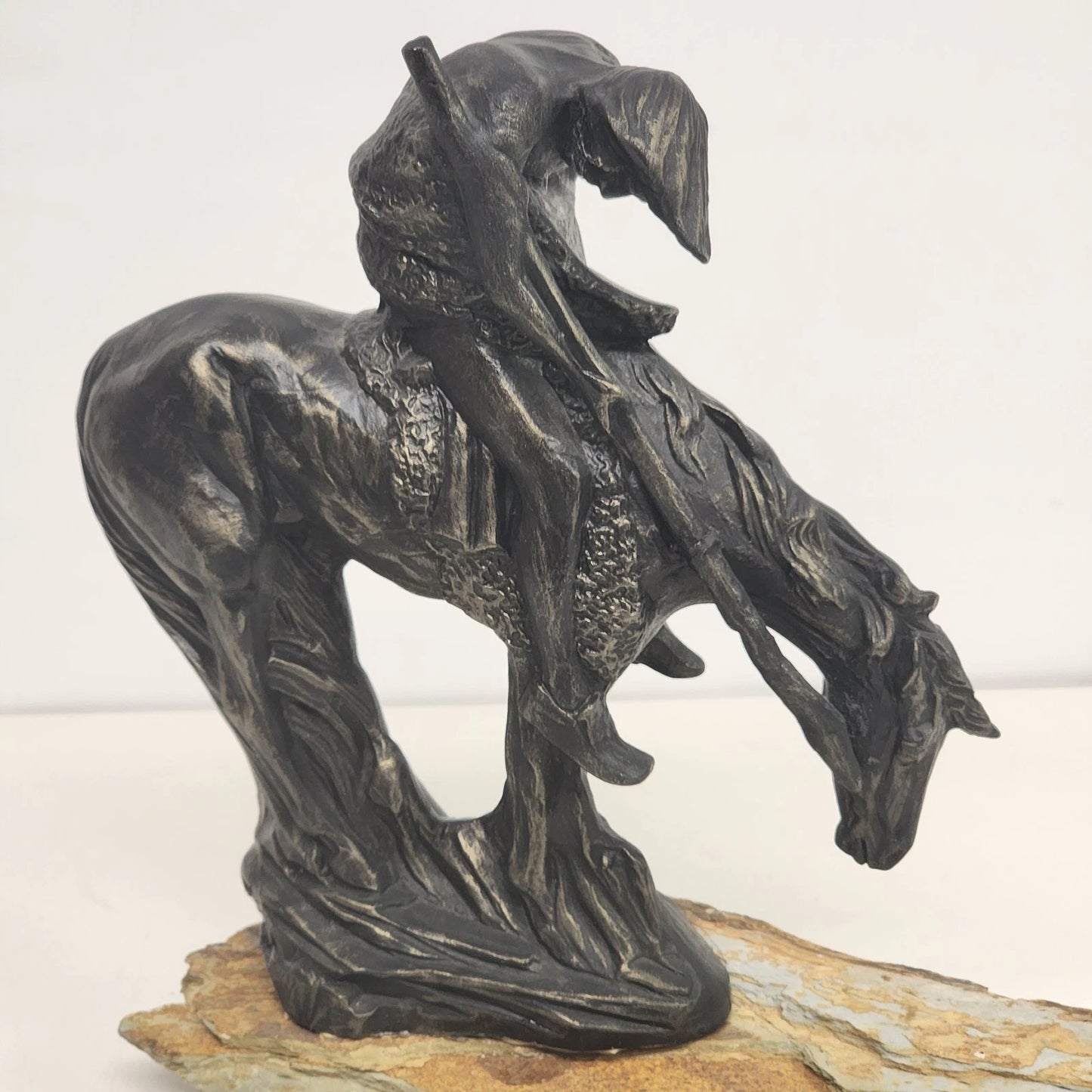 Cast Metal Statue End of the Trail Native American on Sandstone Base 13" Vintage