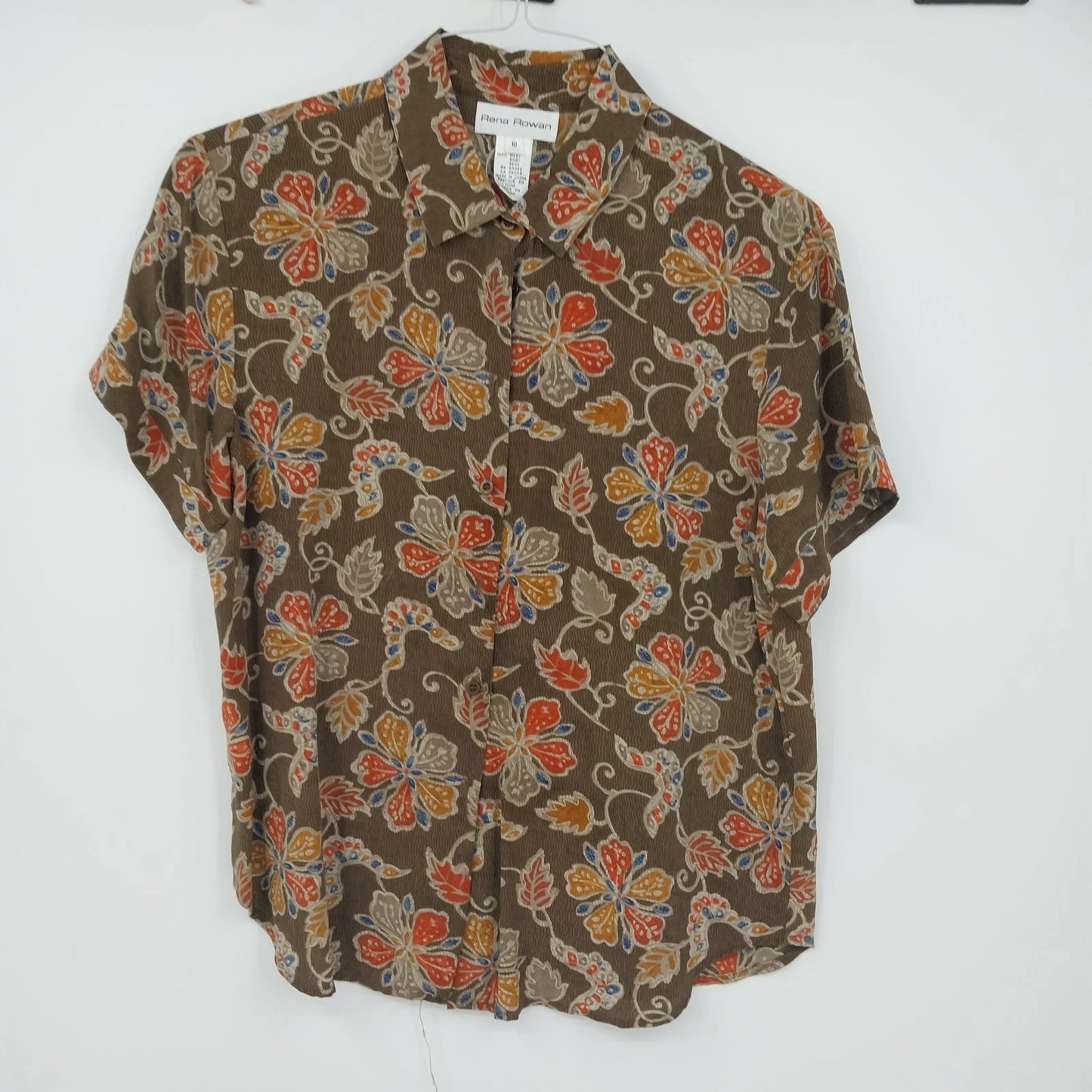 Rena Rowan Floral Silk Blouse Women's Size 10 Brown Short Sleeve Button Front