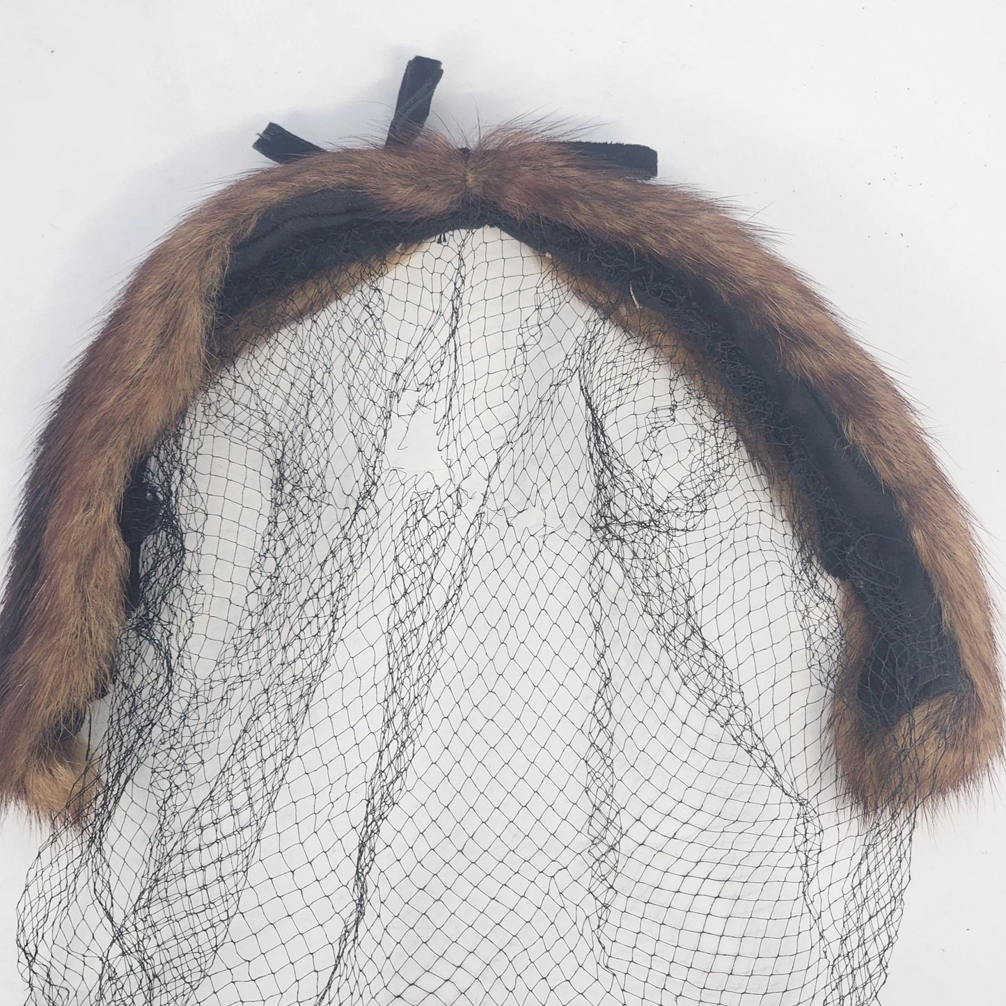 Mink Fur Pillbox Fascinator Net Veil Brown MCM Head Band Head Piece Vintage