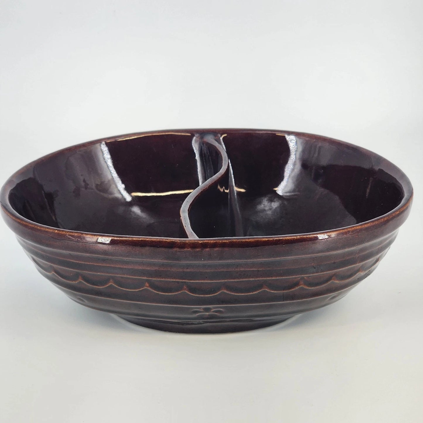 Marcrest Daisy Dot Divided Serving Bowl Brown 8"x10" Stoneware Oven Proof USA