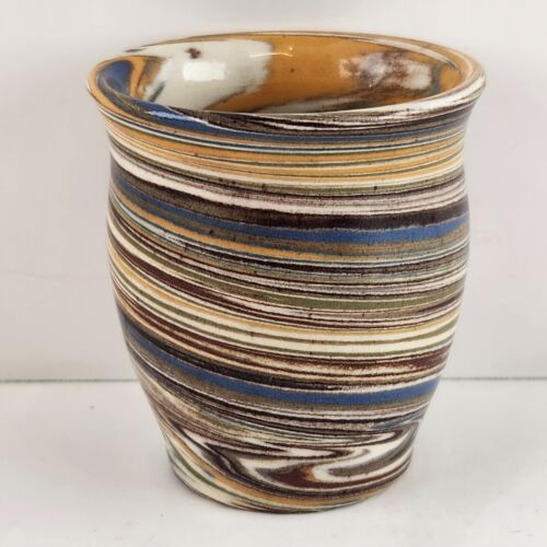 Desert Sands Vintage Pottery Vase Multicolor Swirl Art Stamped Handmade 2.5 x 3"