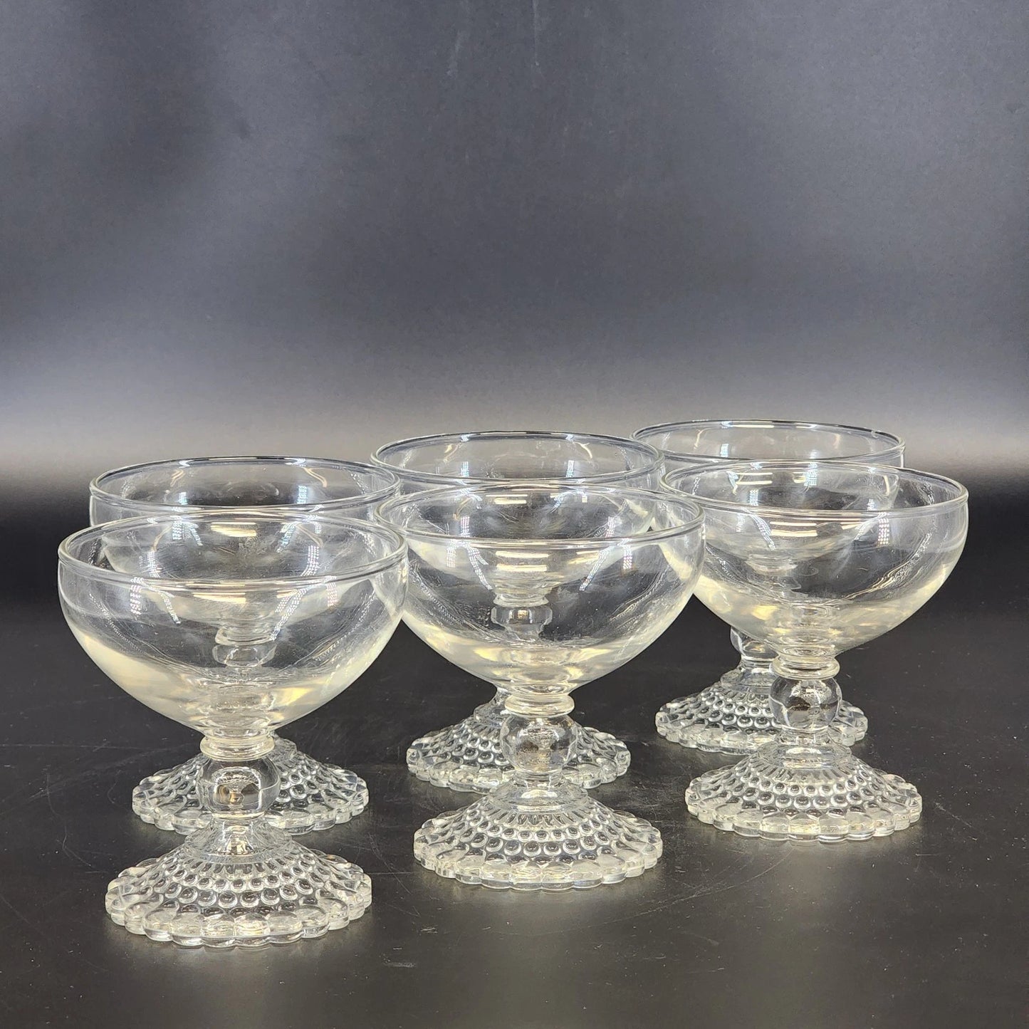 6 Anchor Hocking Bubble Foot Champagne Glasses 4" Mid Century Vintage Barware