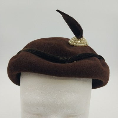 Genuine Velour Ladies Brown Felt Hat with Leaf and Round White Pearl Accent