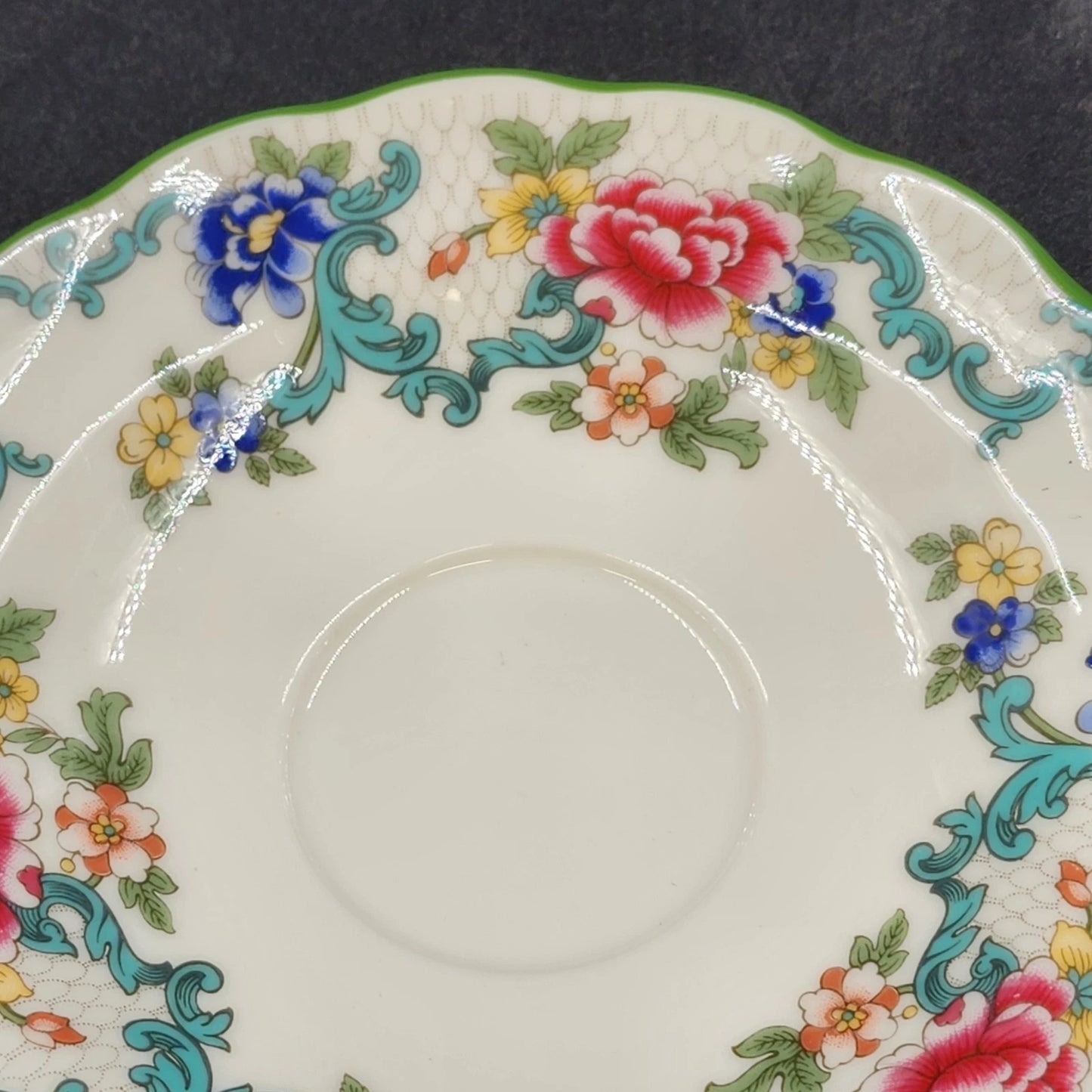 Royal Doulton Floradora Cup Saucer Fine China Floral Green Trim Scalloped 5.75"