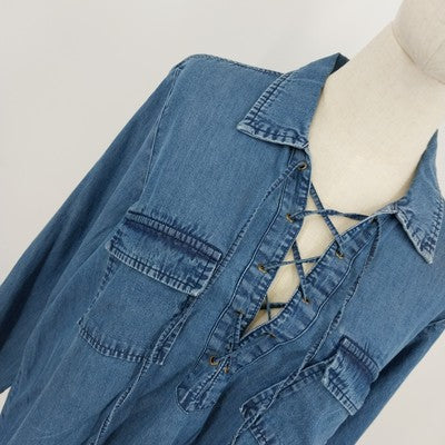 Earl Jean Chambray Tunic Blouse L Blue Cotton Lace-Up Grommet Ties Pockets
