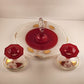 Indiana Glass Tidbit Serving Tray w Handle & 2 Candle Sticks Red White to Clear