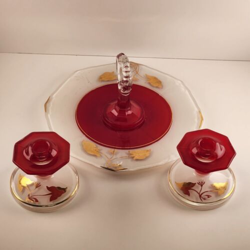 Indiana Glass Tidbit Serving Tray w Handle & 2 Candle Sticks Red White to Clear