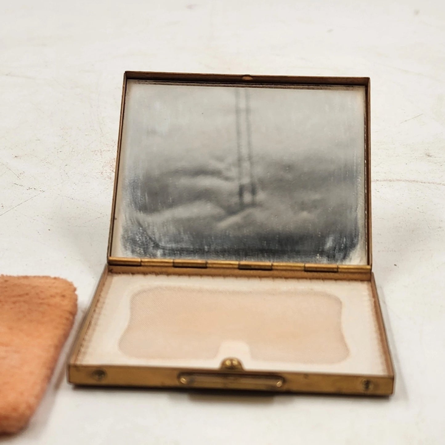 Make-Up Compact Carved Wooden Top Brass Powder Case Mirror Floral 1960's MCM