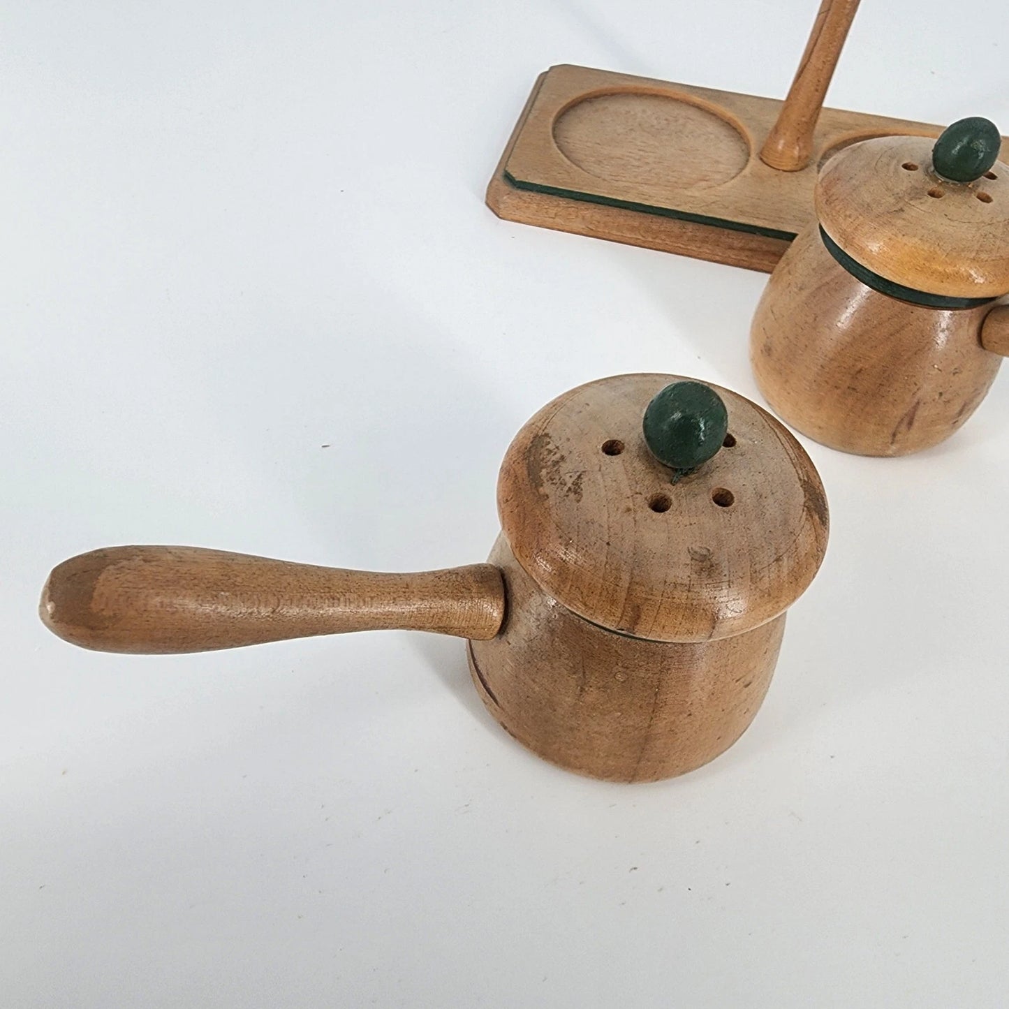 3 pc Nasco Wood Salt & Pepper Shakers Set Bean Pot Style with Stand Japan MCM