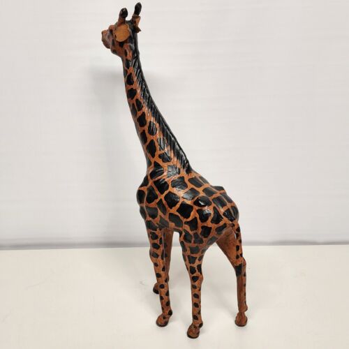 Leather Wrapped Giraffe Figurine Animal Vintage Large 18 Inch Tall Safari Décor