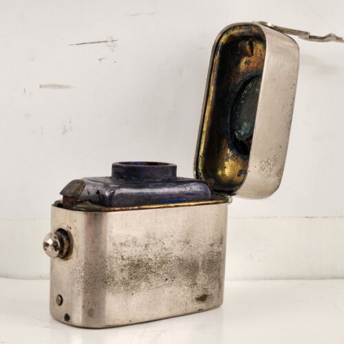 Stainless Travel Pocket Inkwell with Bottle Vintage Latch Lock Glass Bottle 2"