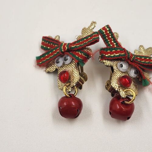 2 Pair Christmas Clip-On Earrings Gold Tone Christmas Tree & Reindeer 1.5" Long