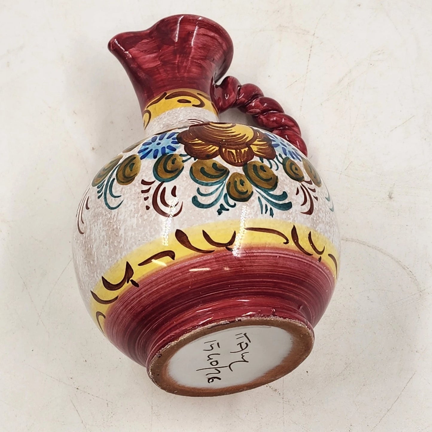 Italian Ceramic Pottery Pitcher Hand Painted Bright Floral Twist Handle 8.5"