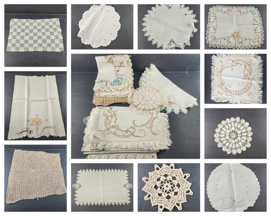 12 Lace Linen Embroidered Dresser Scarves and Doilies Various Sizes and Colors