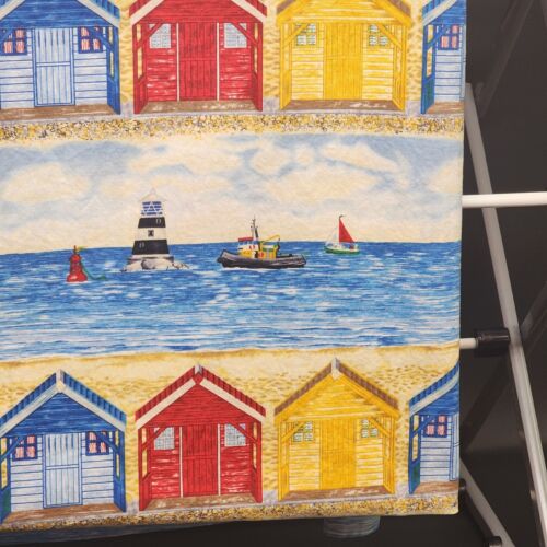 Blue Red and Yellow Linen Tablecloth Coastal Seaside Scene Ocean Beach Themed