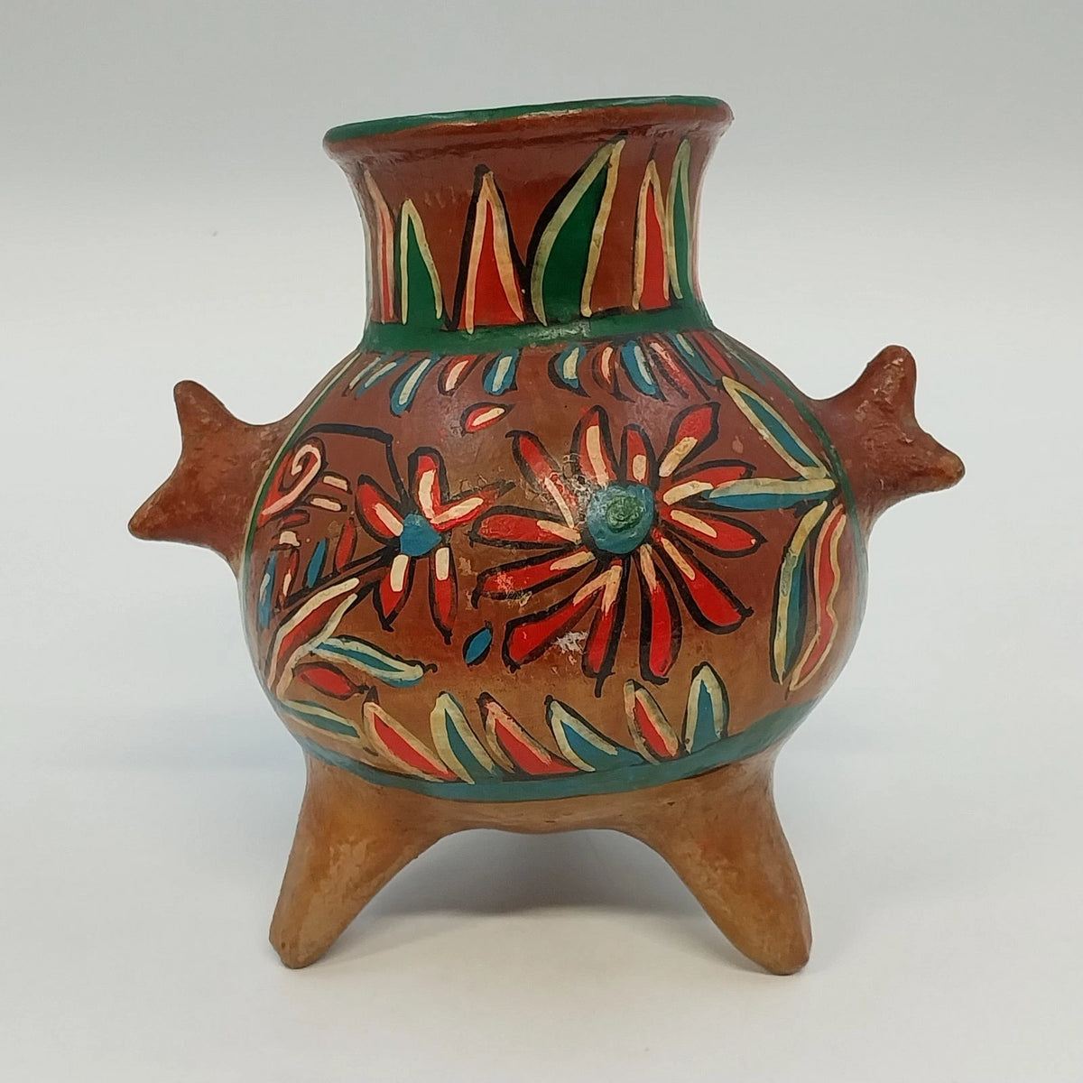 Hand Painted Floral Terracotta Tripod Vase Mexican Pottery Brown Multicolor 6.3"