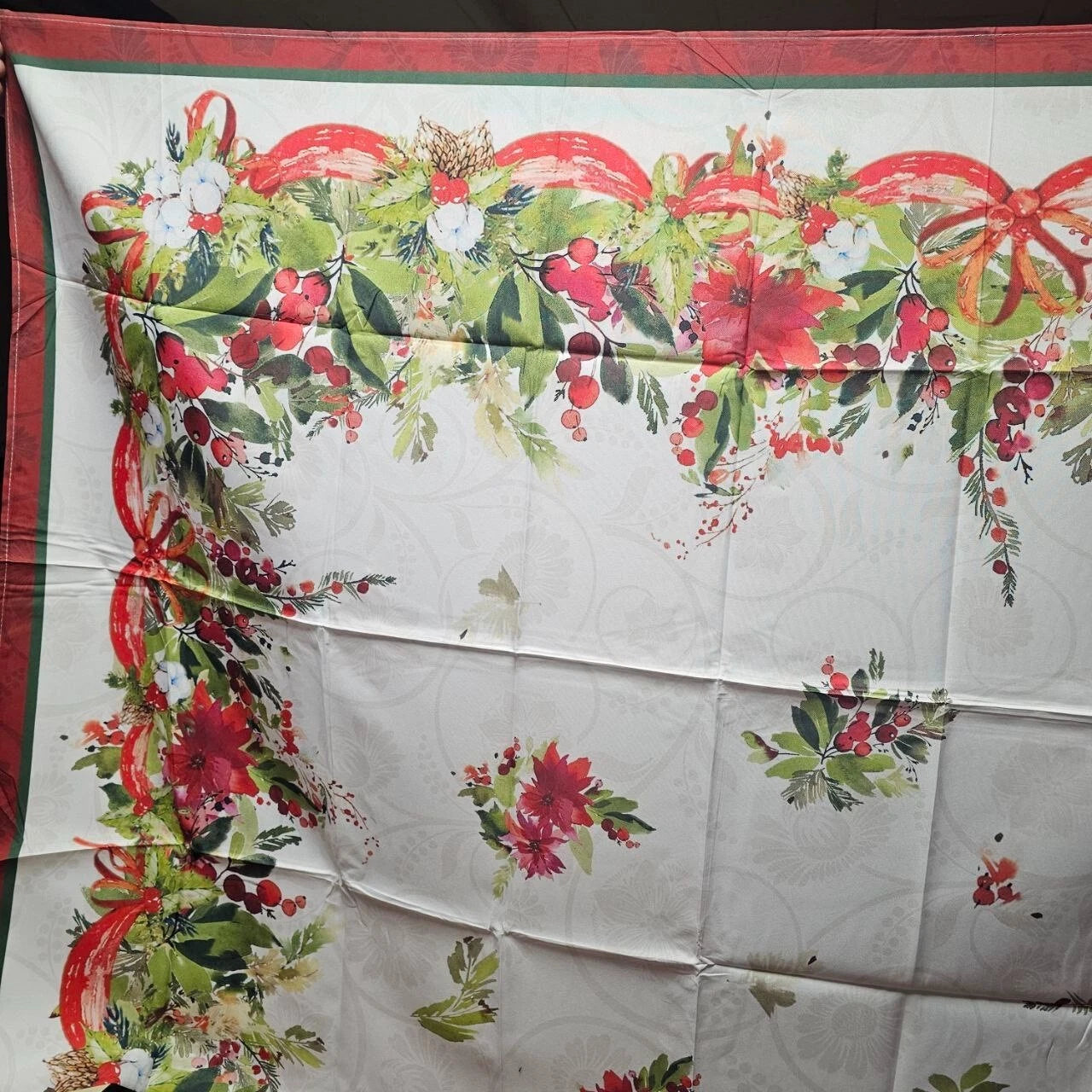 Holly and Berries Fabric Tablecloth 58" x 84" Red Green Christmas Holiday NWT