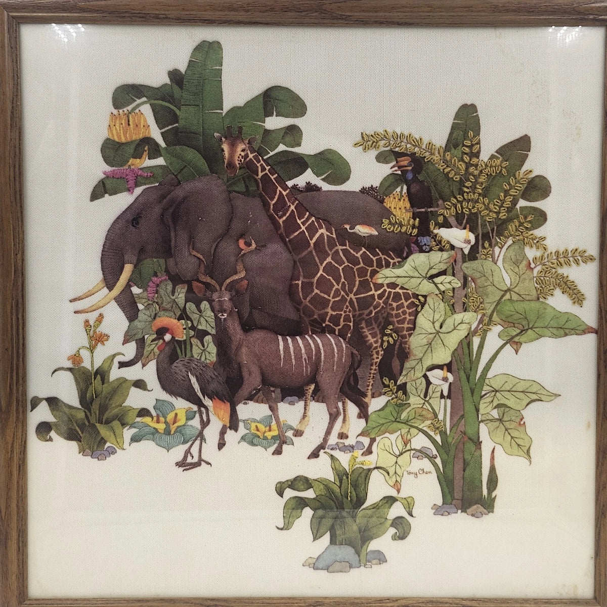 African Safari Animal Needlework Framed Under Glass Elephant Giraffe 18x18"