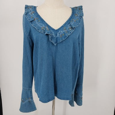 Tantrums Boho Embroidered Denim Shirt Bell Sleeves Pullover L 100% Cotton India