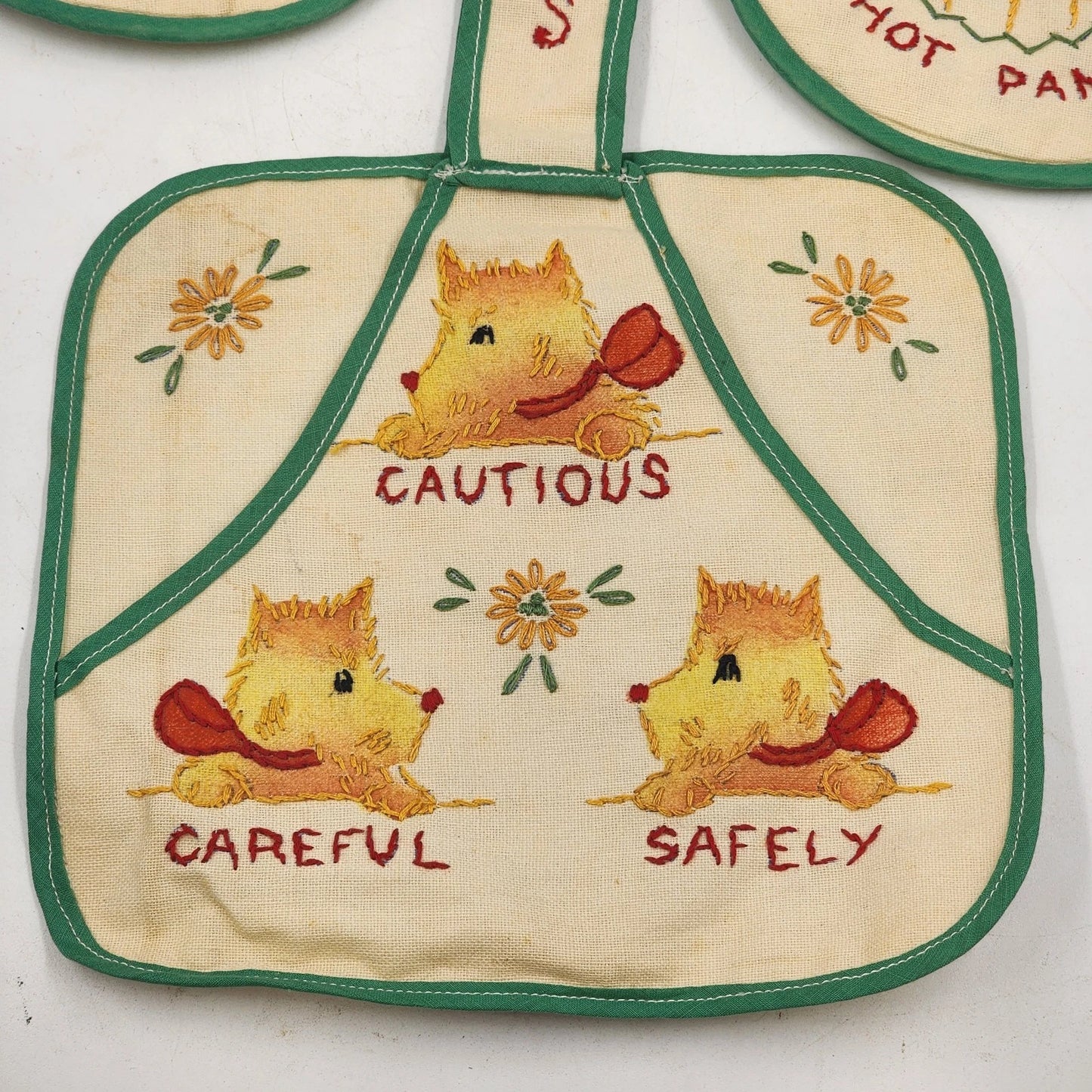 3 Pot Holder Set 1 Sq 2 Round Strap Yellow & Green Embroidery Be Safe Puppy Vtg