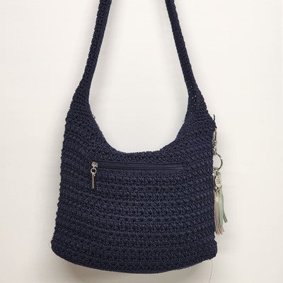 The Sak Navy Blue Striped Crocheted Boho Shoulder Hand Bag Purse Zipper 10"x13"