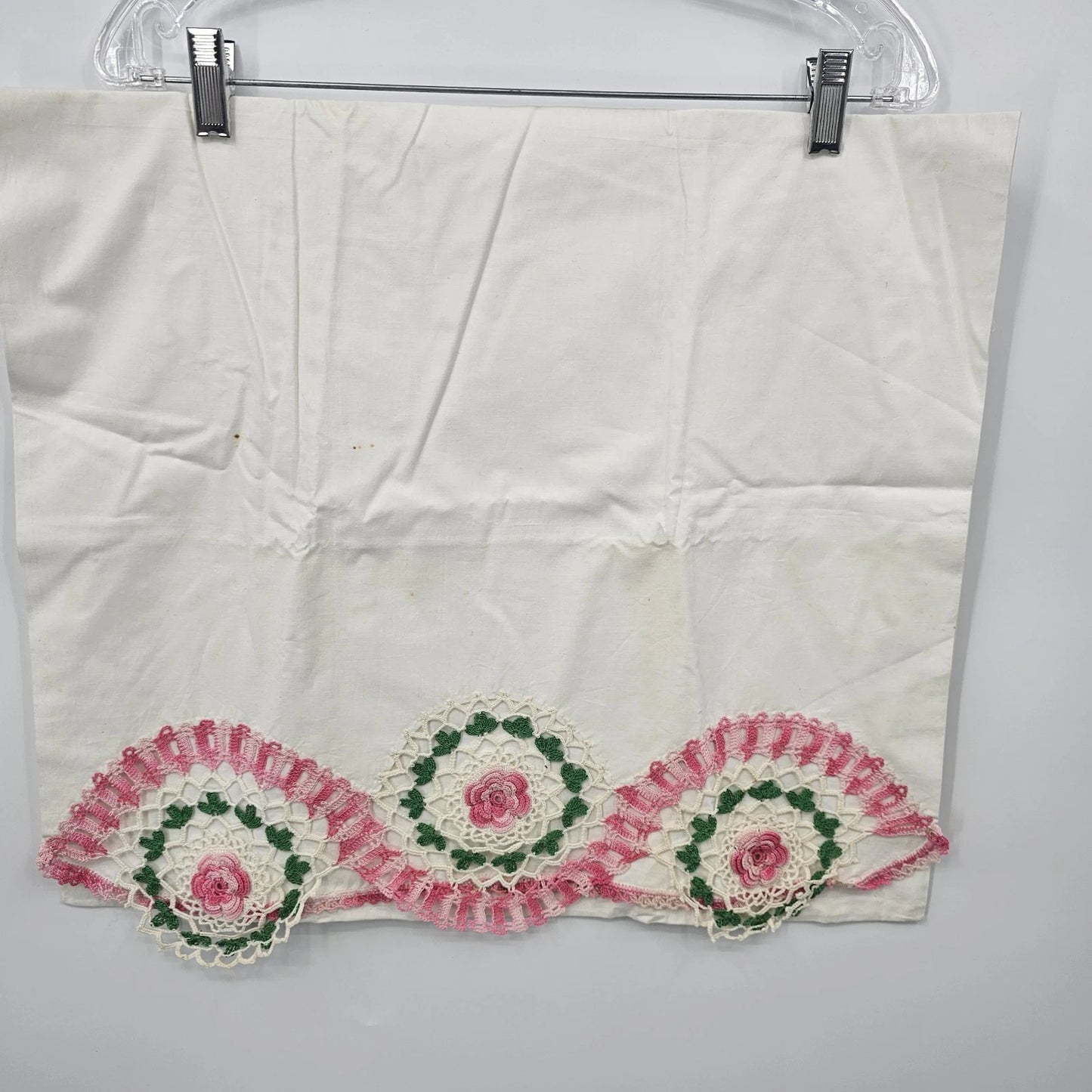 Hand Embroidered Pillowcases Pair Pink Floral Crochet Lace Trim Romantic 36" Vtg